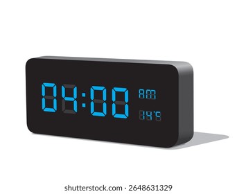 Digital Desk Clock in Blue Display Show 04:00 with AM and PM and Temperature Display in Celsius. Realistic vector illustration isolated, eps