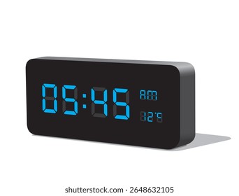 Digital Desk Clock in Blue Display Show 05:45 with AM and PM and Temperature Display in Celsius. Realistic vector illustration isolated, eps