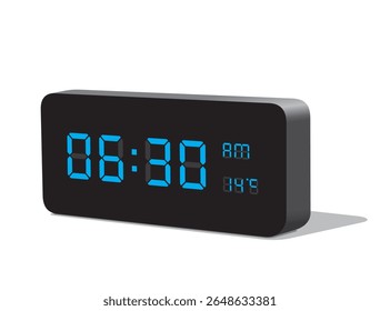 Digital Desk Clock in Blue Display Show 06:30 with AM and PM and Temperature Display in Celsius. Realistic vector illustration isolated, eps