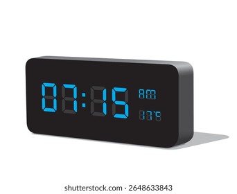 Digital Desk Clock in Blue Display Show 07:15 with AM and PM and Temperature Display in Celsius. Realistic vector illustration isolated ,eps