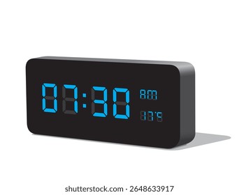 Digital Desk Clock in Blue Display Show 07:30 with AM and PM and Temperature Display in Celsius. Realistic vector illustration isolated, eps