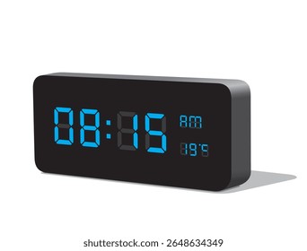 Digital Desk Clock in Blue Display Show 08:15 with AM and PM and Temperature Display in Celsius. Realistic vector illustration isolated, eps