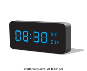 Digital Desk Clock in Blue Display Show 08:30 with AM and PM and Temperature Display in Celsius. Realistic vector illustration isolated, eps