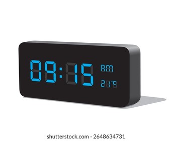 Digital Desk Clock in Blue Display Show 09:15 with AM and PM and Temperature Display in Celsius. Realistic vector illustration isolated, eps