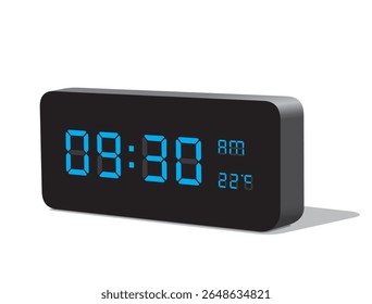 Digital Desk Clock in Blue Display Show 09:30 with AM and PM and Temperature Display in Celsius. Realistic vector illustration isolated, eps