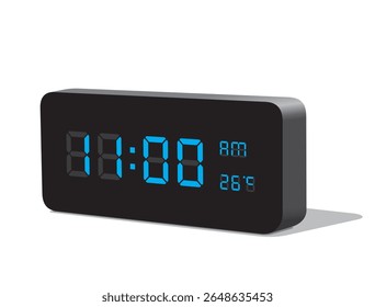 Digital Desk Clock in Blue Display Show 11:00 with AM and PM and Temperature Display in Celsius. Realistic vector illustration isolated, eps