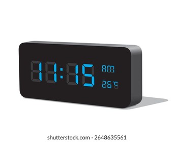Digital Desk Clock in Blue Display Show 11:15 with AM and PM and Temperature Display in Celsius. Realistic vector illustration isolated, eps