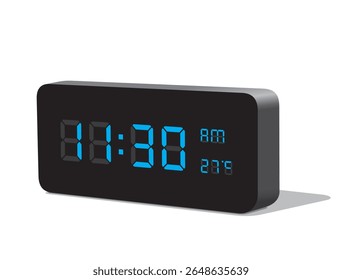 Digital Desk Clock in Blue Display Show 11:30 with AM and PM and Temperature Display in Celsius. Realistic vector illustration isolated, eps