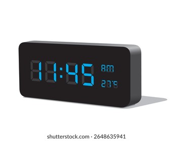 Digital Desk Clock in Blue Display Show 11:45 with AM and PM and Temperature Display in Celsius. Realistic vector illustration isolated, eps