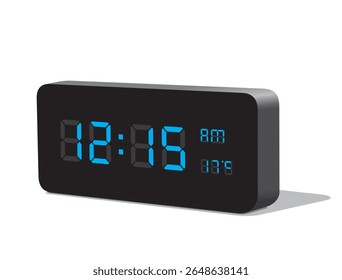 Digital Desk Clock in Blue Display Show 12:15 AM and Temperature Display in Celsius. Realistic vector illustration isolated, eps