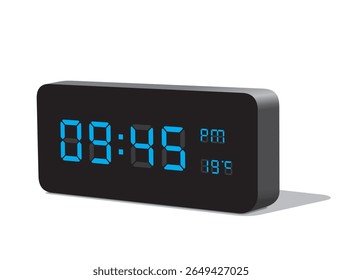 Digital Desk Clock in Blue Display Show 09.45 PM and Temperature at 19 Degrees in Celsius. Realistic vector illustration isolated, eps