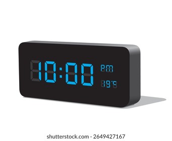 Relógio de mesa digital em exposição azul 10.00 PM e temperatura a 19 graus em Celsius. Ilustração vetorial realista isolada, eps