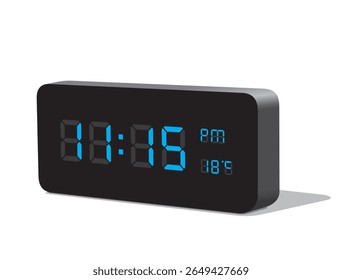 Digital Desk Clock in Blue Display Show 11.15 PM and Temperature at 18 Degrees in Celsius. Realistic vector illustration isolated, eps