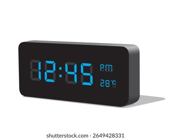 Digital Desk Clock in Blue Display Show 12.45 PM and Temperature at 28 Degrees in Celsius. Realistic vector illustration isolated, eps