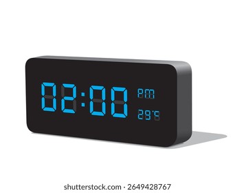 Relógio de mesa digital em exposição azul 02.00 PM e temperatura a 29 graus em Celsius. Ilustração vetorial realista isolada, eps