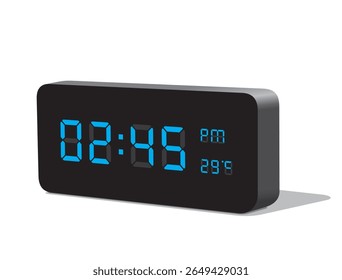 Digital Desk Clock in Blue Display Show 02.45 PM and Temperature at 29 Degrees in Celsius. Realistic vector illustration isolated, eps