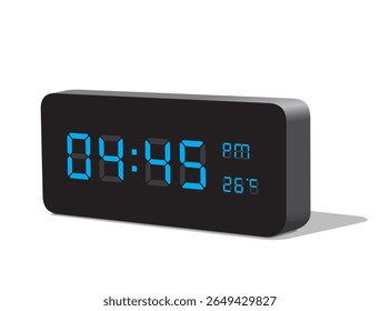 Digital Desk Clock in Blue Display Show 04.45 PM and Temperature at 26 Degrees in Celsius. Realistic vector illustration isolated, eps