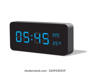 Digital Desk Clock in Blue Display Show 05.45 PM and Temperature at 25 Degrees in Celsius. Realistic vector illustration isolated, eps
