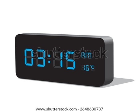 Digital Desk Clock in Blue Display Show 03:15 with AM and PM and Temperature Display in Celsius. Realistic vector illustration isolated, eps
