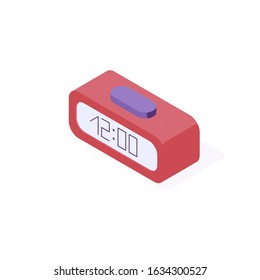 Digital desk clock isometric. Vector illustration of electronic alarm bedside or business watch. Table red clock icon with 12:00 time on display isolated on white background.