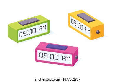 Digital desk clock isometric. Vector illustration of electronic alarm bedside or business watch. Table red clock icon with 09 AM time on display isolated on white background.