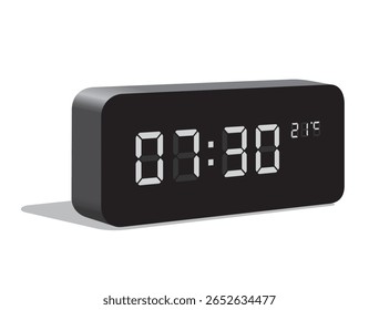 Digital Desk Clock Show 07:30 and Temperature Display in Celsius, realistic vector illustration isolated, eps