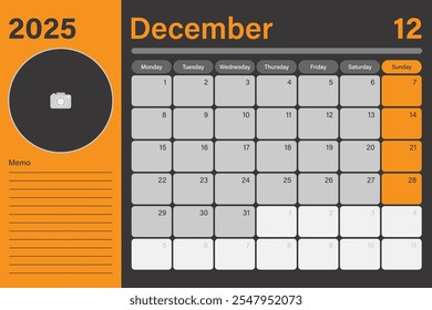 Calendário de planejador de mesa digital dezembro de 2025 com espaço vazio para adicionar imagem e linhas para memorando, design vetorial