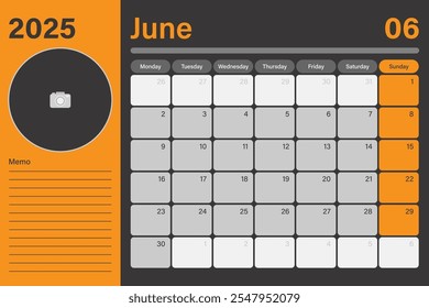 Digital desk planner calendar June 2025 with empty space for adding picture and lines for memo, vector design