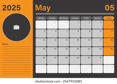 Calendario de planificador de escritorio digital mayo de 2025 con espacio vacío para agregar imágenes y líneas para memo, diseño de Vector