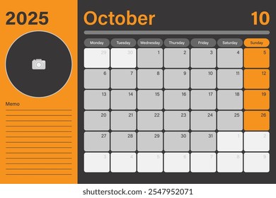 Digital desk planner calendar October 2025 with empty space for adding picture and lines for memo, vector design