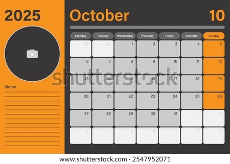 Digital desk planner calendar October 2025 with empty space for adding picture and lines for memo, vector design