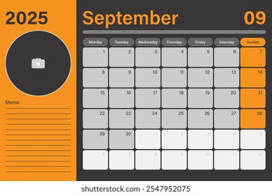 Digital desk planner calendar September 2025 with empty space for adding picture and lines for memo, vector design