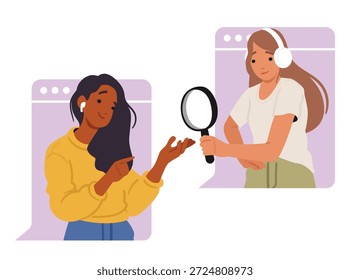 Escena de escritorio digital con jóvenes colegas que colaboran en línea en la investigación empresarial y la búsqueda de información. Análisis de datos, investigación de mercado y Ilustración vectorial remota del trabajo en equipo
