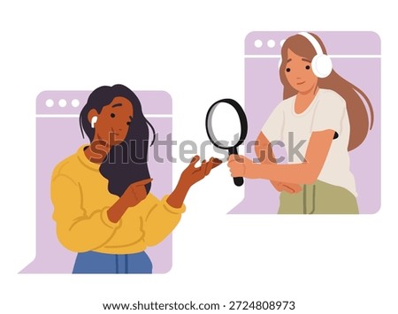 Digital desktop scene featuring young female colleagues collaborating online on business investigation and information searching. Data analysis, market research and remote teamwork vector illustration