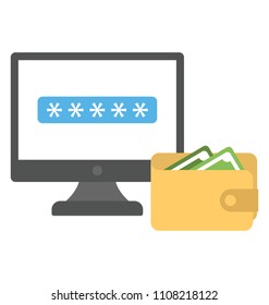 A digital desktop screen with secured with password and wallet near it, describing bitcoin wallet concept 
