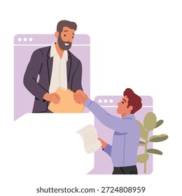 Escena de dibujos animados del espacio de trabajo de escritorio digital con socios comerciales estratégicos que trabajan juntos durante la reunión en línea. Hombres de negocios estrechando la mano acordando colaboración remota y Ilustración vectorial de trabajo en equipo