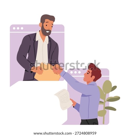 Digital desktop workspace cartoon scene with strategic business partners working together during online meeting. Businessmen handshaking agreeing remote collaboration and teamwork vector illustration