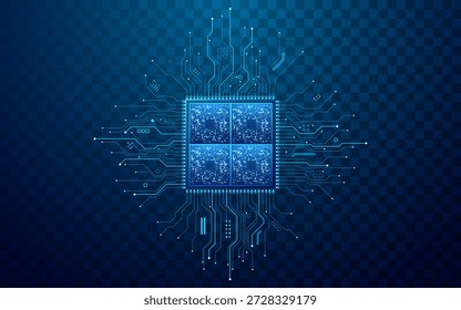 Chip digital semicondutor detalhado apresentando componentes tecnológicos brilhantes em fundo transparente. Processador de precisão com circuito azul radiante e conexões digitais complexas. Vetor
