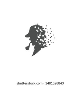 Digital Detective Logo. Sherlock Holmes Silhouette with Pixels. Black & White Shadow Detective. Digital Investigation Service Company Logo. Online Crime Private Investigator.