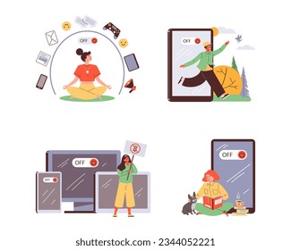 Digital detox abstract drawings set, flat vector illustration isolated on white background. People going offline and enjoying life, relaxing. Disconnection from phone and social media.