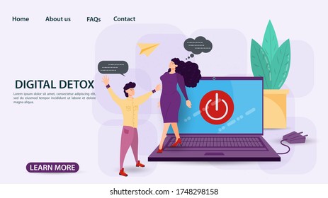 Desintoxicación digital, concepto de banner para sitios web y móviles, Hombre se encuentra con mujer saliendo de una laptop, ilustración de vector plana