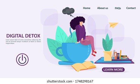 Digital detox, banner concept for web and mobile sites, a girl sitting on a mug and looking at a book on the phone there are flowers, a turn-off button, a flat vector illustration