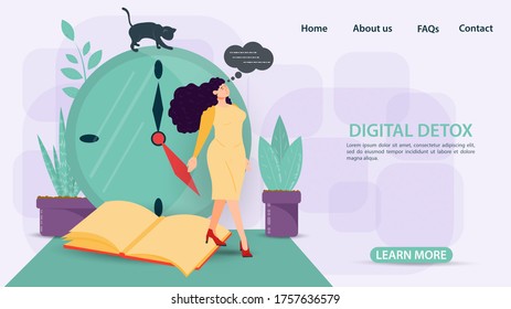 Desintoxicación digital, concepto de banner para sitios web y móviles, una chica con un vestido amarillo parado en un libro contra un reloj, ilustración vectorial plana