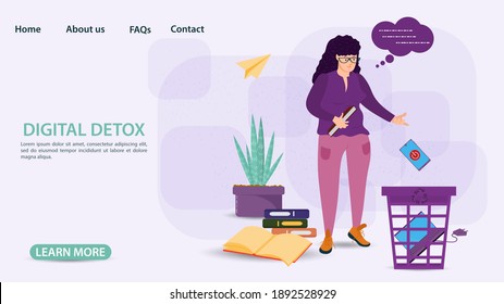 Desintoxicación digital, concepto de banner para sitios web y móviles, niña embarazada arroja teléfono y laptop en la basura, ilustración vectorial plana