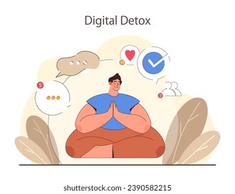 Desintoxicación digital. Caracteres practicando la atención, reduciendo el tiempo de pantalla y disfrutando de zonas libres de tecnología. Desconectado o desactivado el gadget. Vida equilibrada y salud mental. Ilustración vectorial plana