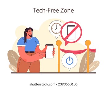 Desintoxicación digital. Caracteres practicando la atención, reduciendo el tiempo de pantalla y disfrutando de zonas libres de tecnología. Desconectado o desactivado el gadget. Vida equilibrada y salud mental. Ilustración vectorial plana