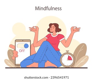 Digital detox. Character practicing mindfulness, reducing screen time, and enjoying tech-free zones. Disconnected or turned off gadget. Balanced life and mental health. Flat vector illustration