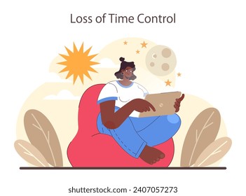 Digital detox. Character practicing mindfulness, reducing screen time, and enjoying tech-free zones. Disconnected or turned off gadget. Balanced life and mental health. Flat vector illustration