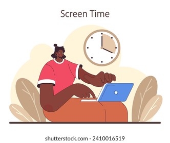 Digital detox. Character practicing mindfulness, reducing screen time, and enjoying tech-free zones. Disconnected or turned off gadget. Balanced life and mental health. Flat vector illustration