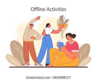 Digital detox. Character practicing mindfulness, reducing screen time, and enjoying tech-free zones. Disconnected or turned off gadget. Balanced life and mental health. Flat vector illustration